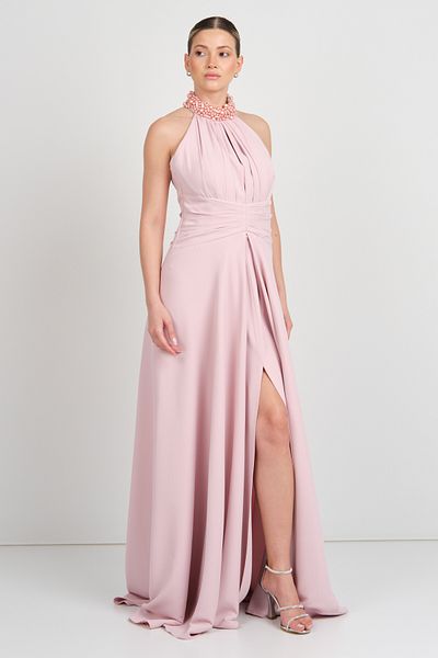 Saygın Women's Halter Neckline and Collar Stone Detailed A-Line Maxi Evening Dress 5619 Powder
