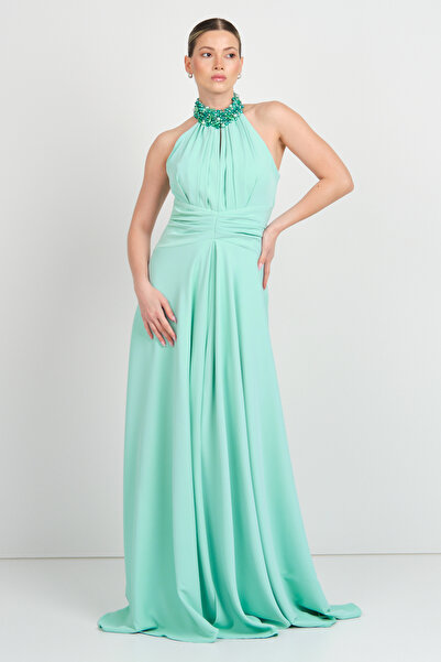Saygın Women's Halter Neckline and Collar Stone Detailed A-Line Maxi Evening Dress 5619 Mint