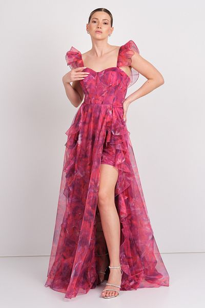 Saygın Women's Patterned Ruffle Detailed Maxi Evening Dress 5617 Fuchsia