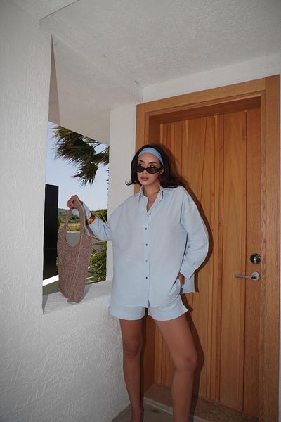 minaaise Women's Blue Cotton Fabric Shirt and Shorts Bottom/Top Set 29293