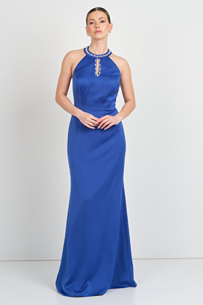 Saygın Women's Halter Neckline and Collar Stone Fish Form Satin Evening Dress 5620 Saks