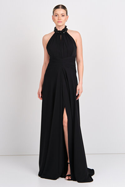 Saygın Women's Halter Neckline and Collar Stone Detail A-Line Maxi Evening Dress 5619 Black