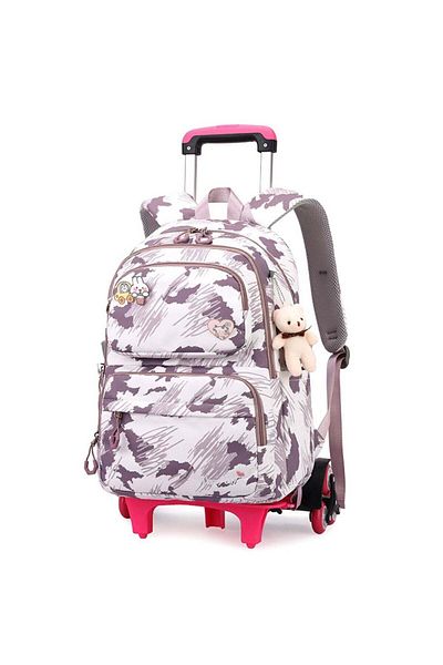 huitich Children's Rolling Trolley Backpack with Brushstroke Design and Plush Toy in Purple
