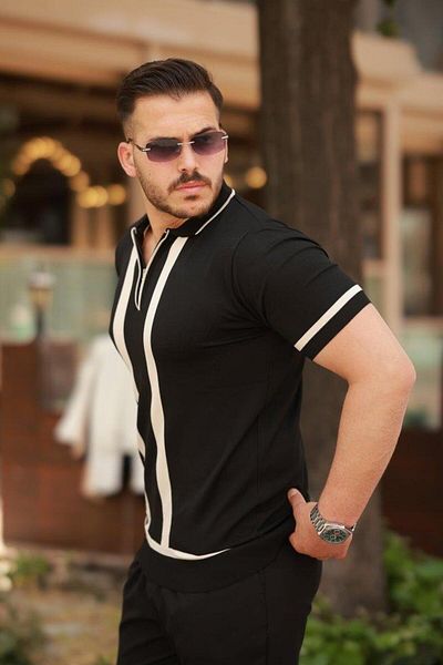 Aymood Men's Zipper Collar Stripe Detailed Short Sleeve T-Shirt