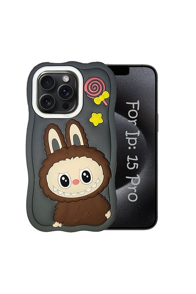 beyond basics Labubu Style Silicone case for iPhone 15 Pro, Silicone Shockproof Cover, Doll Design, Grey, 6.1-Inch
