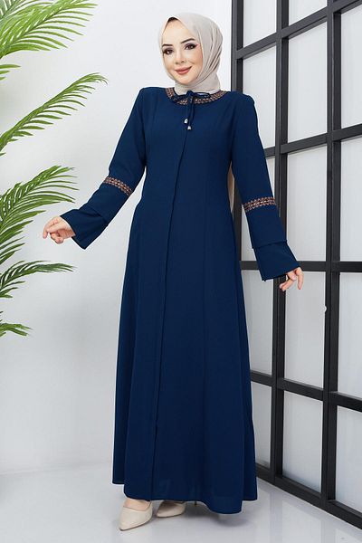 hafsamina Plus Size Embroidery Detailed Ferace Indigo Hm2032
