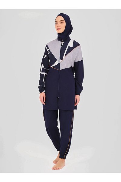 ALFASA Volta Neon Piping Decorated Hijab Swimsuit - Navy Blue -