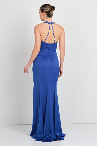 Saygın Women's Halter Neckline and Collar Stone Fish Form Satin Evening Dress 5620 Saks