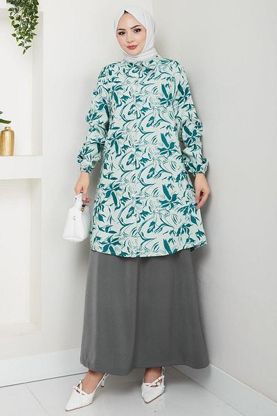 hafsamina Floral Patterned Skirt Suit Green Hm2739