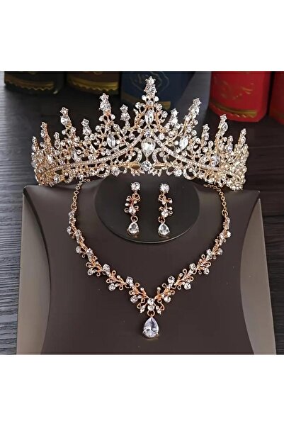 Yıldız Accessory Zirkon Taşlı Işıl Işıl Lüks Gelin Tacı Kolye Küpe Taç Seti Düğün Nişan Kız İsteme Parti Balo