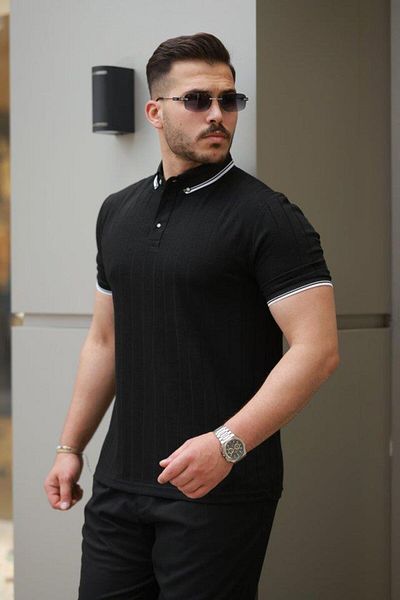 Aymood Men's Button Collar Jacquard Fabric Short Sleeve T-Shirt