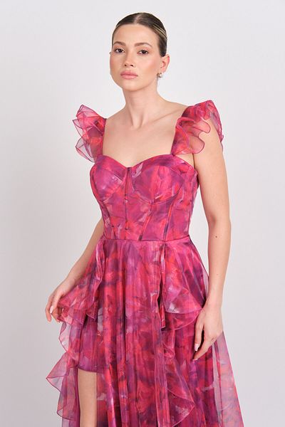 Saygın Women's Patterned Ruffle Detailed Maxi Evening Dress 5617 Fuchsia