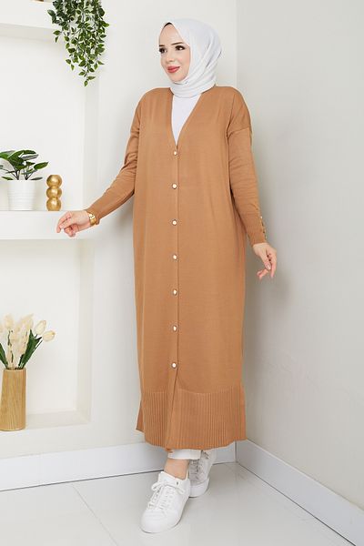 Pamuk Butik Women's Mercerized Button Detailed Full Length Knitwear Cardigan