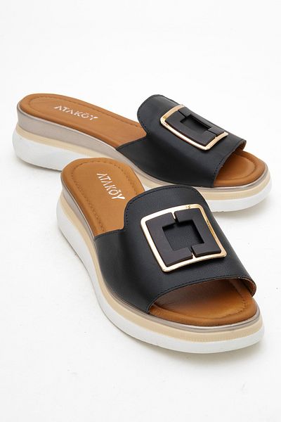 Ataköy Ayakkabı Women's Leather Buckle Slippers