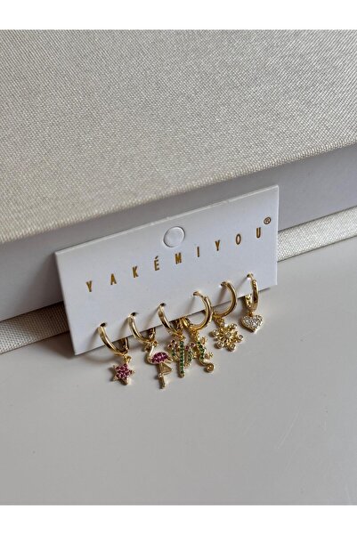 LEROSY CO Altın Renk 6'lı Yaz Temalı Charm Küpe Seti – Flamingo, Kaktüs, Kalp Figürlü