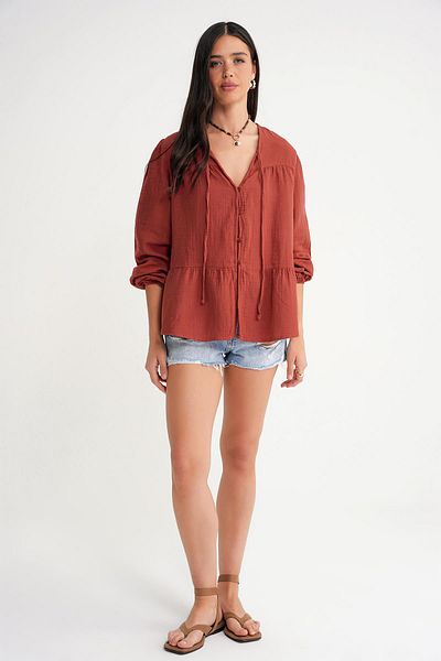 Mixray 4563 Women's Collar Tie Sleeve Elastic Loose Muslin Shirt Tile