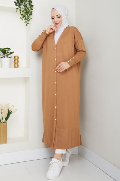 Pamuk Butik Women's Mercerized Button Detailed Full Length Knitwear Cardigan