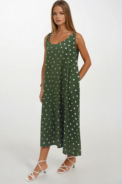 VAGGON Women's Green Double Pocket Relaxed Cut Patterned Dress Vs00271