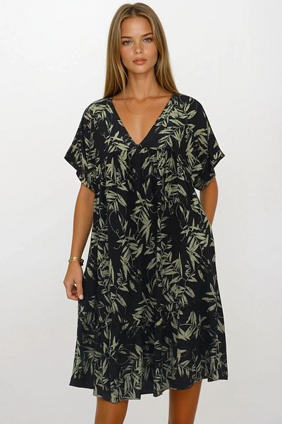 VAGGON Fusta neagră cu decolteu dublu pentru femei, cu pliuri, lungime midi, rochie cu buzunare duble Vs00268