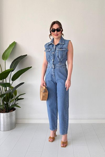 MaziButik Sleeveless Denim Jumpsuit Navy Blue