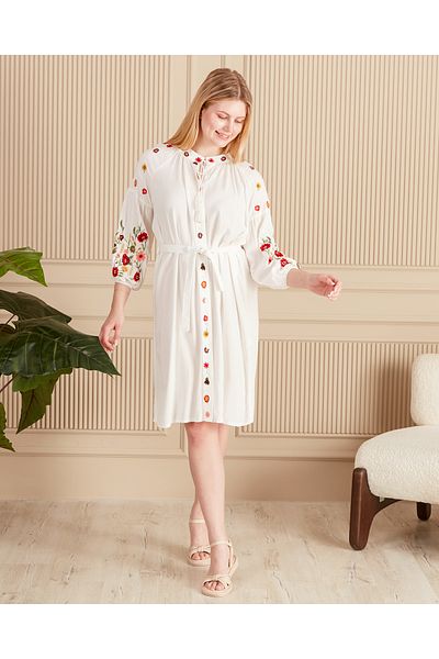 EL jadida Women's Embroidered Belted Buttoned Short Plus Size Viscose Dress White