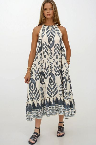 VAGGON Fusta cu șireturi cu model ecru pentru femei Rochie din plasă de lungime maxi cu buzunare duble Rochie Vs00266