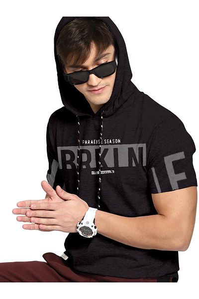 COLOR HUNT 100% Cotton Men's Trendy Half Sleeve T Shirt with Hoodie