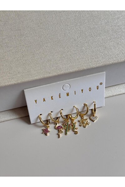 LEROSY CO Gold Color Set of 6 Summer Themed Charm Earrings – Flamingo, Cactus, Heart Figured