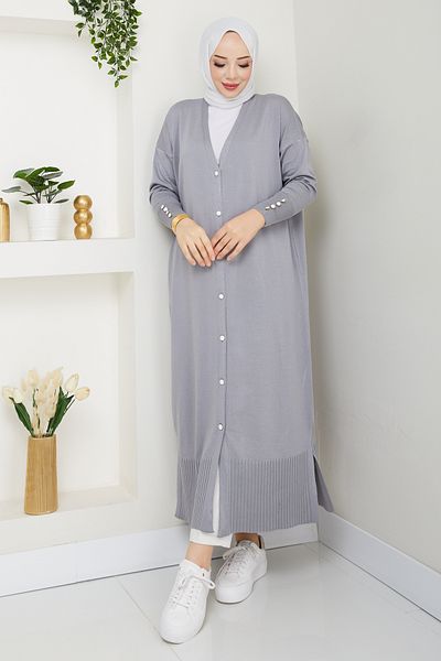Pamuk Butik Women's Mercerized Button Detailed Full Length Knitwear Cardigan