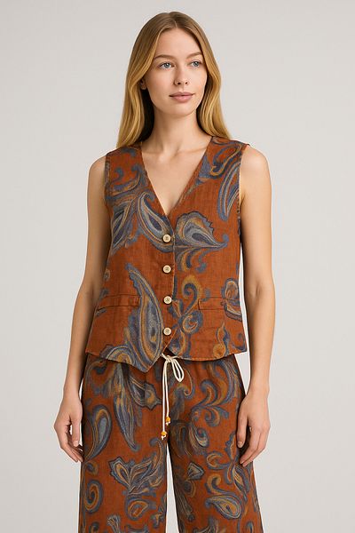 Butik Ayseba Women's Shawl Pattern Tile Color Vest Italian Linen Suit