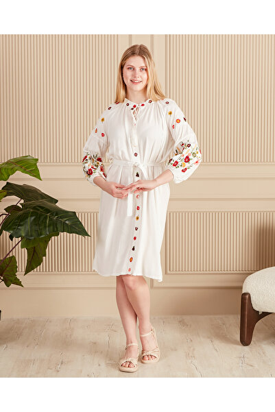 EL jadida Women's Embroidered Belted Buttoned Short Plus Size Viscose Dress White