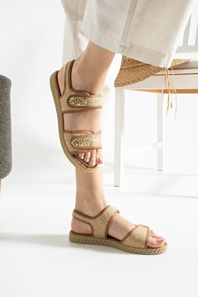 BOUIS Women's Tan Daily Single Velcro Straw Detailed Sandals Summer Anti-Sweat Comfortable Sole Linen Slippers