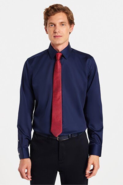 Tudors Slim Fit Navy Blue Non-Iron 100% Cotton Eco-Friendly Ecotex Certificated No Ironing Required Shirt