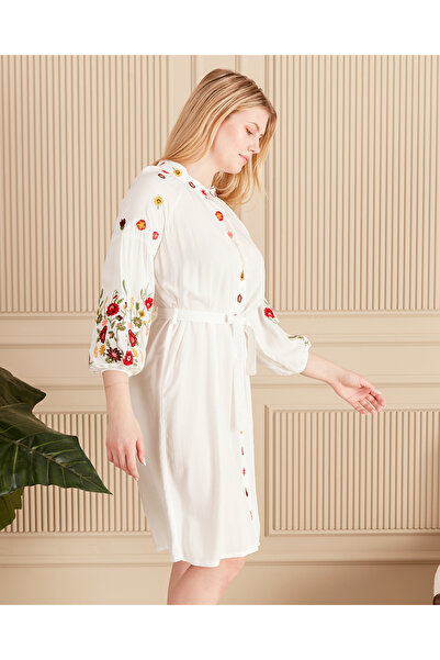 EL jadida Women's Embroidered Belted Buttoned Short Plus Size Viscose Dress White