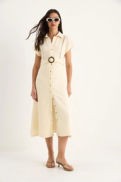 HARMONY GLOBAL Cream Lace Detailed Belted Muslin Fabric Shirt Collar Buttoned Dress – Summer Casual Form 7008