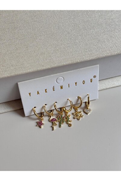 LEROSY CO Gold Color Set of 6 Summer Themed Charm Earrings – Flamingo, Cactus, Heart Figured