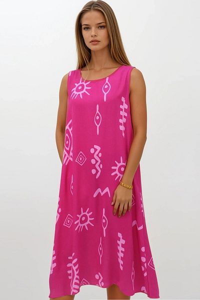 VAGGON Women's Pink Patterned Double Pocket Sleeveless Relaxed Cut Dress Vs00269