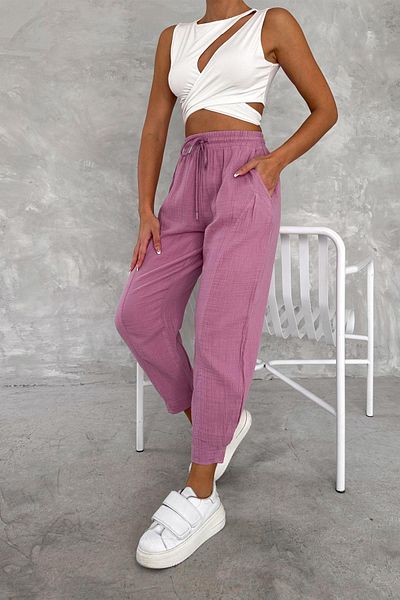 İstangül Butik Cotton Muslin Fabric Balloon Trousers with Leg Cuffs