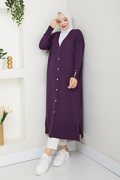 Pamuk Butik Women's Mercerized Button Detailed Full Length Knitwear Cardigan