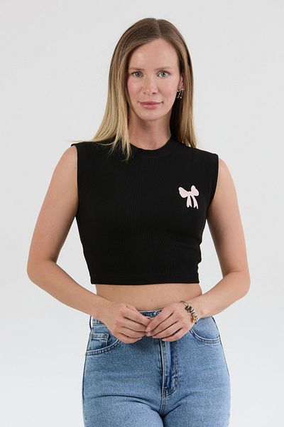 Fulla Moda Body Crop cu dungi brodate cu panglică