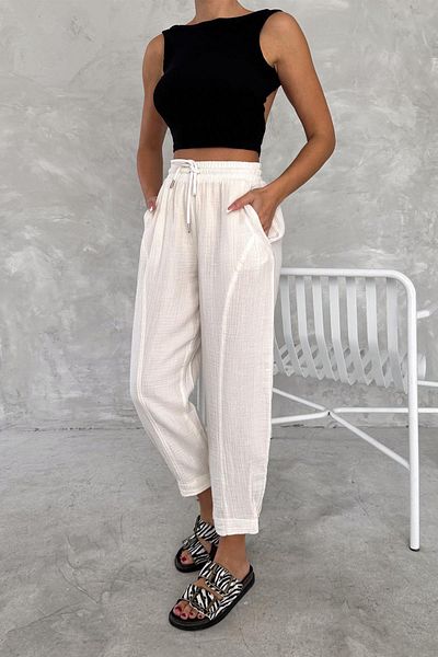 İstangül Butik Cotton Muslin Fabric Balloon Trousers with Leg Cuffs