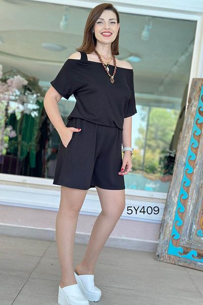 İnce Topuk Off Shoulder Crystal Fabric Jumpsuit 5Y409