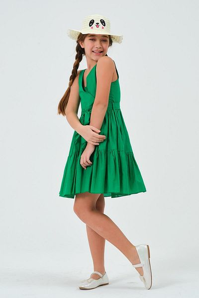 Modaviki Girls Pleated V Neck Dress Green Kvc1003