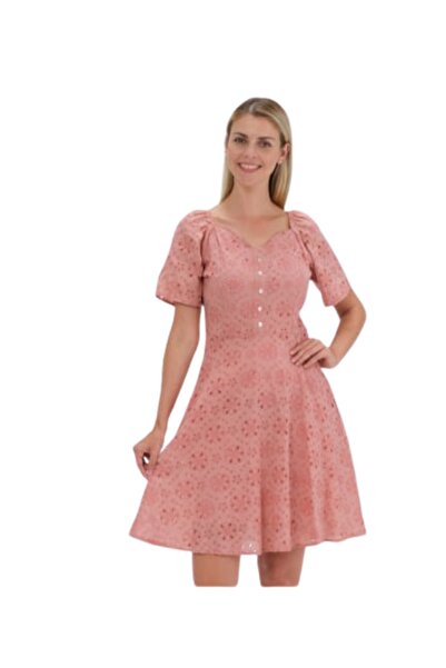 ZY BUTİK Gül Kurusu Kısa Kollu Fistolu Pamuklu Kısa Elbise