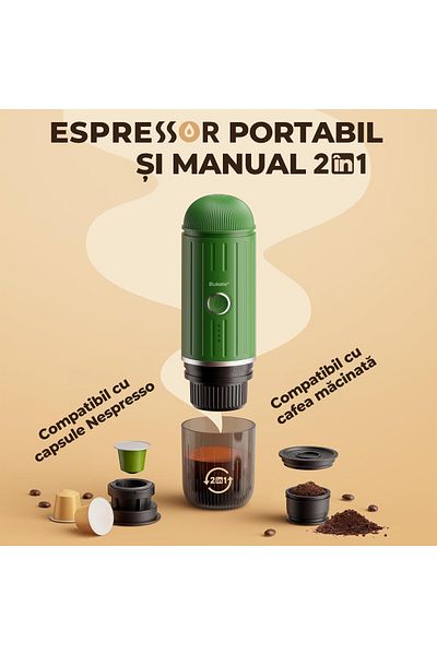 Bukate Espressor Manual si Portabil 2 in 1 - Aparat de Cafea pentru Capsule si Cafea Macinata