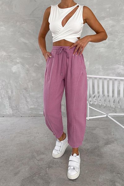 İstangül Butik Cotton Muslin Fabric Balloon Trousers with Leg Cuffs