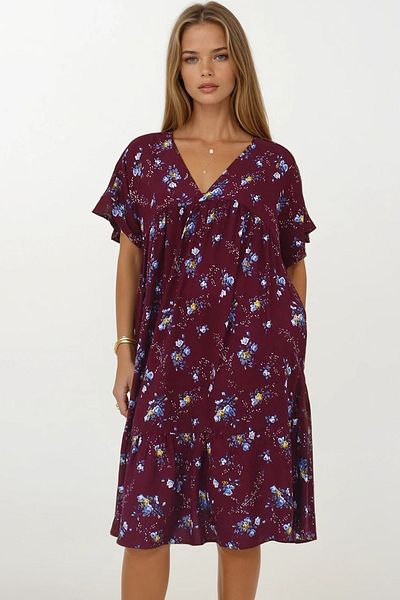 VAGGON Women's Plum-Flower Double Breasted Collar Skirt Pleated Midi Length Double Pocket Dress Dress Vs00268