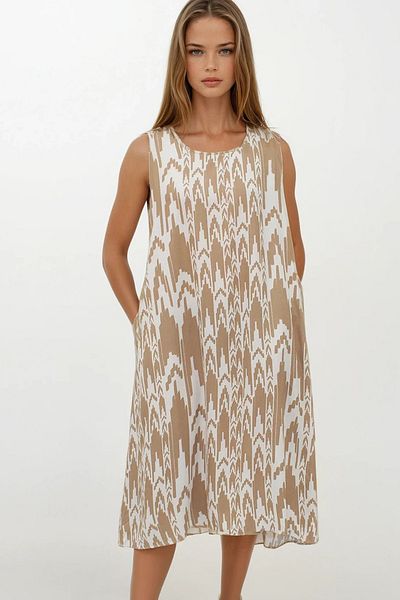 VAGGON Women's Beige Patterned Double Pocket Sleeveless Relaxed Cut Dress Vs00269