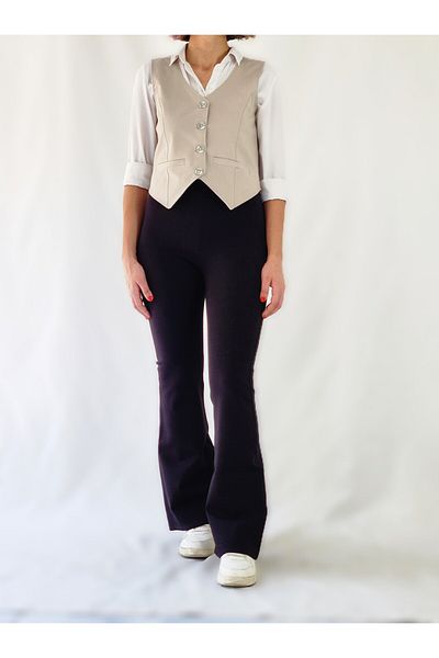 YAXİ Cream Ornamental Pocket Buttoned Woven Vest