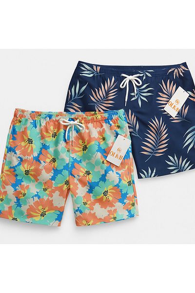 style iconic Men's Printed Beach Shorts – Set of 2 (Tropical Floral & Navy Leaf)